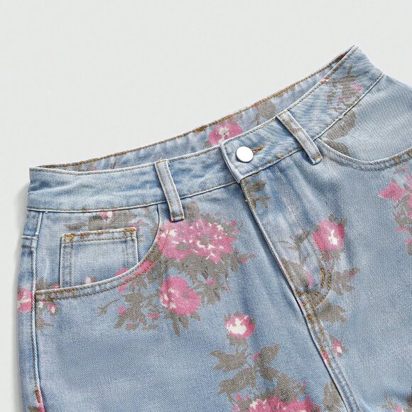 Pink Casual Women's Floral Print Washed Loose Wide-Leg Denim Jeans - Picture 4 of 4